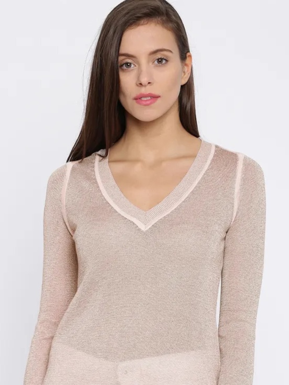Mango Metallic Shimmer V-Neck Sweater Soft Blush Pink M NWOT - Picture 2 of 8